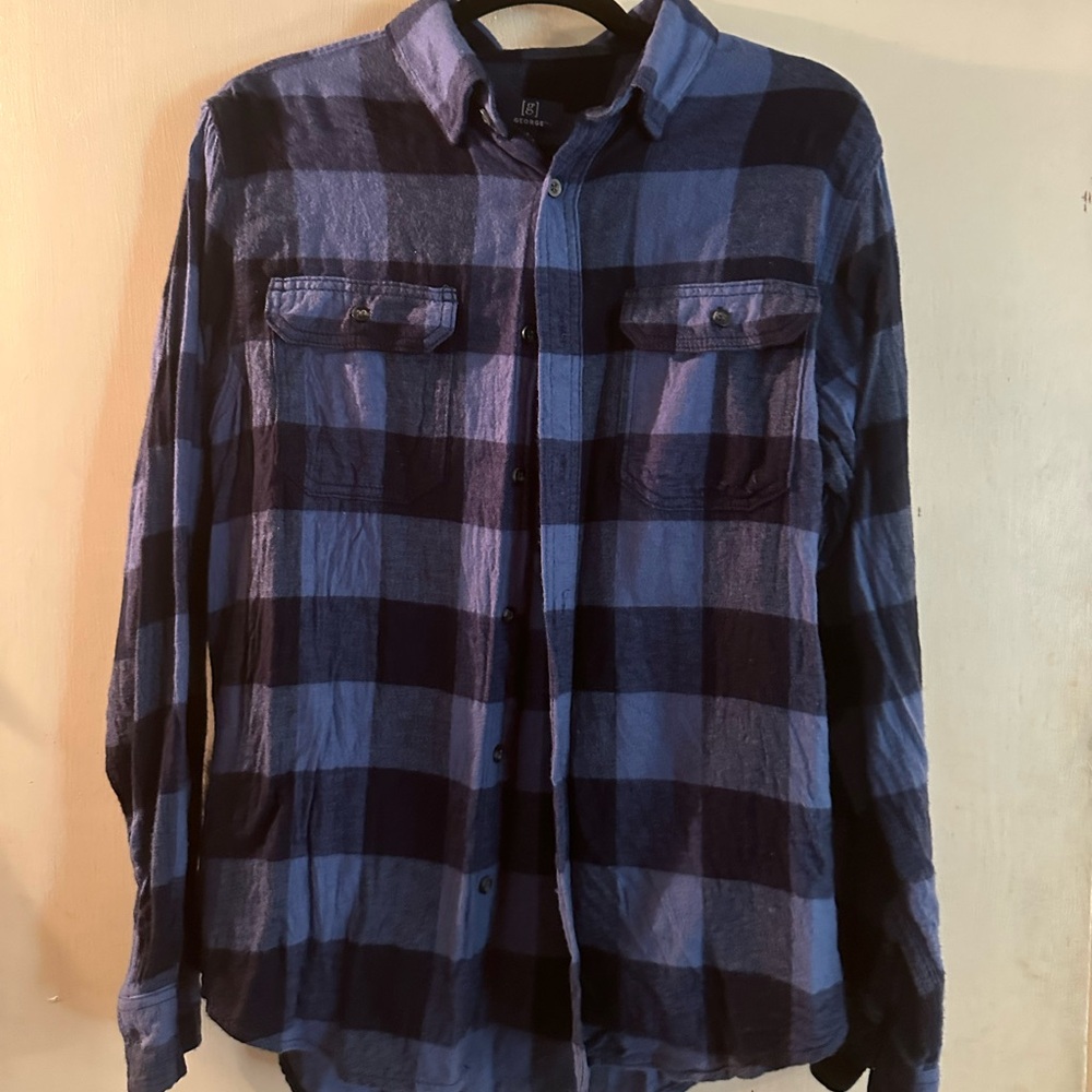 George Blue and Navy Plaid Long-Sleeve Button-Down Shirt